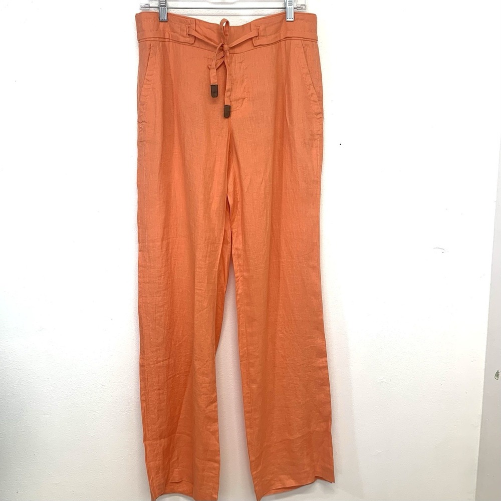 Zara Woman Trouser  Pants 100% Linen  Large Straight Mid Rise Pockets Inseam 33"